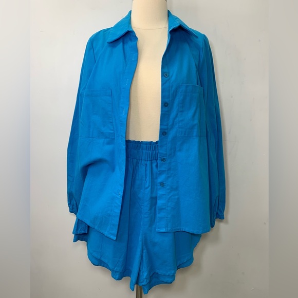 Commense NWT Bright Blue Casual Set oversized shirt shorts cotton linen blend - Picture 1 of 16